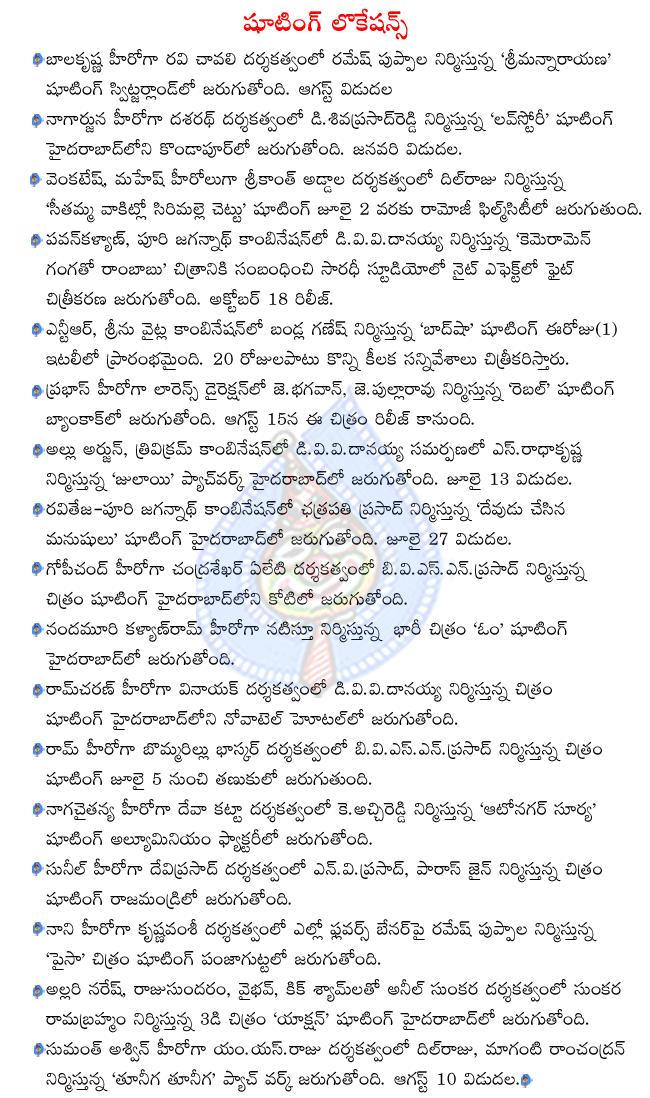 balakrishna in srimannarayana shooting,nagarjuna in love story shooting,venkatesh and mahesh babu in svsc shooting,pawan kalyan in cameraman gangatho rambabu shooting,prabhas in rebel shooting,ramcharan in vinayak movie shooting  balakrishna in srimannarayana shooting, nagarjuna in love story shooting, venkatesh and mahesh babu in svsc shooting, pawan kalyan in cameraman gangatho rambabu shooting, prabhas in rebel shooting, ramcharan in vinayak movie shooting